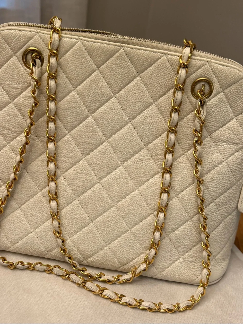 Authentic Vintage White Chanel Caviar Quilted Chain Tote - 24k Plated GHW